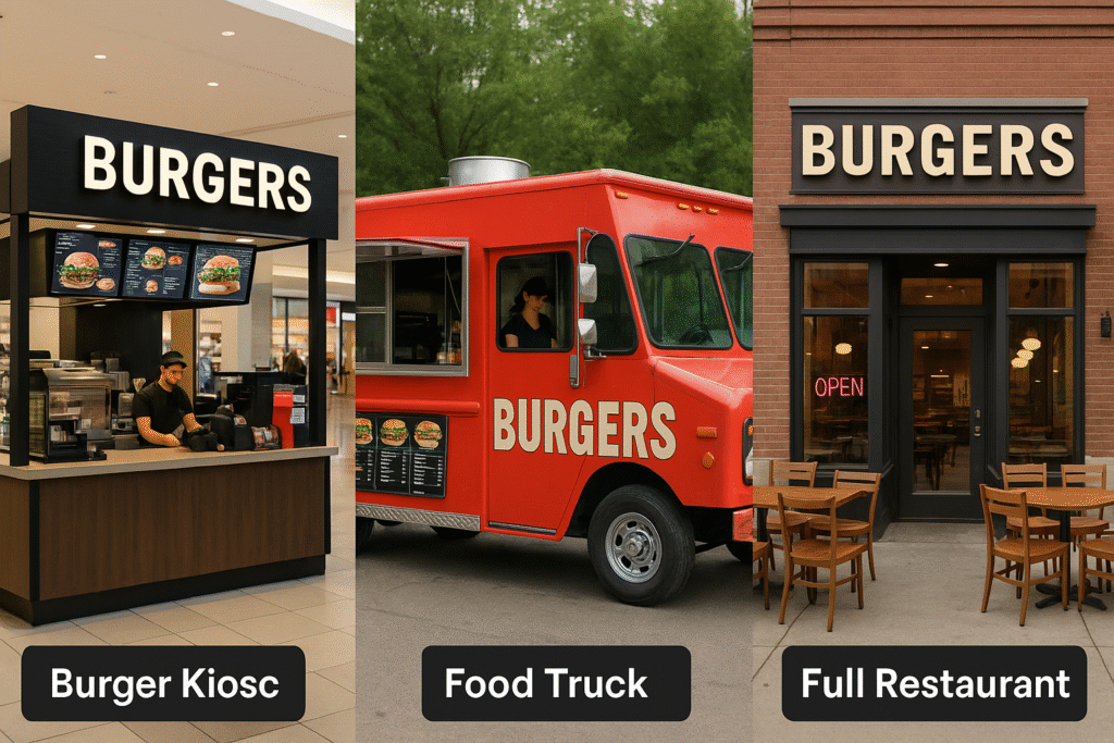 📦 Burger Franchise Formats: Kiosk vs. Food Truck vs. Full Restaurant
